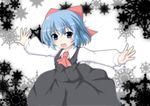  ascot blue_eyes blue_hair bow cirno cosplay hair_bow masiromu open_mouth outstretched_arms rumia rumia_(cosplay) shirt short_hair skirt skirt_set smile solo touhou vest 