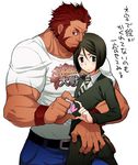  androgynous ass ass_grab bangs beard belt black_eyes black_hair blush bob_cut casual clothes_writing denim facial_hair fate/zero fate_(series) green_eyes heart heart_hands heart_hands_duo jeans kikuyarou male_focus manly multiple_boys muscle otoko_no_ko pants parted_bangs red_eyes red_hair rider_(fate/zero) shirt short_hair size_difference t-shirt waver_velvet white_background yaoi 