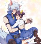  ^_^ animal_ears belt black_hair blush bow claws closed_eyes cosplay fingernails gintama glasses hair_bow happy heart hoshizora_miyuki hoshizora_miyuki_(cosplay) hug kemonomimi_mode kneehighs male_focus maruki_(punchiki) multiple_boys nanairogaoka_middle_school_uniform otoko_no_ko pants precure purple_hair red_eyes sakata_gintoki school_uniform shimura_shinpachi short_hair silver_hair sitting skirt smile_precure! sweat tail white_background white_hair white_legwear wolf_ears wolf_tail wolfrun wolfrun_(cosplay) 