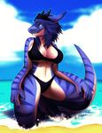  beach big_breasts bikini blue blue_eyes blue_hair blue_skin breasts claws clothed clothing crouching denkin dragon falvie female hair midriff navel outside reptile sand scalie seaside shelby_(character) skimpy solo stripes swimsuit tail teeth thick_tail thick_thighs thighs tight_clothing water wide_hips 