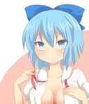  blue_eyes blue_hair blush bow breasts cirno cleavage face hair_bow highres medium_breasts ochazuke open_clothes short_hair solo touhou undressing upper_body 