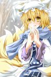  bad_id bad_pixiv_id blonde_hair breath fox_tail hat highres kmkm9696 multiple_tails short_hair snowing solo tabard tail touhou winter yakumo_ran yellow_eyes 