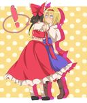  2girls alice_margatroid blonde_hair blue_eyes bow brown_hair detached_sleeves hair_bow hairband hakurei_reimu highres hug multiple_girls ochazuke short_hair surprised touhou 