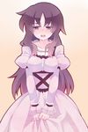  bad_id bad_pixiv_id blush clothes_grab dress dress_grab gothic_lolita lolita_fashion long_hair looking_down mirai_nikki nekotya purple_eyes purple_hair sidelocks solo tsundere uryuu_minene 