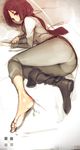  ass barefoot bed black_eyes black_hair bob_cut boots capri_pants feet foreshortening from_behind highres long_sleeves looking_at_viewer looking_back lying mikasa_ackerman muted_color namaniku_atk on_side panties pants pantylines shingeki_no_kyojin shirt shoes short_hair single_boot single_shoe soles solo toes underwear 