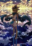  armband atem cape cloud dark_skin dark_skinned_male different_reflection earrings highres jewelry liusang male_focus millennium_puzzle multicolored_hair pendant red_eyes reflection solo yuu-gi-ou yuu-gi-ou_duel_monsters 