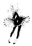  book boxcutter expressionless flying_paper full_body greyscale hairband highres monochrome nisoku_hokou_(vocaloid) open_book paper poncho profile rella shoes short_hair simple_background solo standing vocaloid 