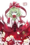  bad_id bad_pixiv_id bow dress flower front_ponytail green_eyes green_hair hair_bow highres kagiyama_hina long_hair sevten_(ashkeroth) solo touhou wrist_cuffs 