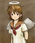  angel_wings arm_behind_back black_hair brown_eyes brown_hair dress haibane_renmei halo light_smile messy_hair orange_sailor_collar rakka sailor_collar sayo6st832 short_hair solo wings 