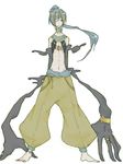  1boy abs anklet barefoot bracelet choker cofagrigus full_body grey_hair hair_over_one_eye headband jewelry male male_focus monster_boy muscle necklace personification pokemon ring simple_background skinny solo standing white_background 