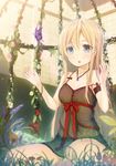  armlet blonde_hair blue_eyes blurry blush breasts bug butterfly chemise cleavage depth_of_field flower grass insect open_mouth original sitting siva_(executor) small_breasts solo strap_slip wariza 