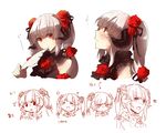  1girl bare_shoulders chibi expressions face flower hair_flower hair_ornament hair_ribbon horns long_hair looking_at_viewer pixiv_fantasia pixiv_fantasia_5 quill red_eyes red_flower red_rose rella ribbon rose sidelocks silver_hair solo staring tears twintails 