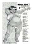  anthro belly big_breasts breasts censored censorship female greyscale japanese_text markings monochrome nipples obese overweight pussy round_belly solo standing team_shuffle text translation_request trump unknown_species 