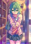  ahoge alternate_costume bag blush box building cardigan daito door fence floor frog_hair_ornament gift gift_box giving green_eyes green_hair hair_ornament hair_tubes holding incoming_gift kochiya_sanae long_hair looking_at_viewer outstretched_arm scarf scarf_over_mouth school_bag school_uniform shelf shirt shoulder_bag shy signpost skirt snake solo standing sunset touhou tree twilight valentine 