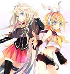  akiyoshi_(tama-pete) bare_shoulders blonde_hair blue_eyes braid choker hair_ornament hair_ribbon hairclip ia_(vocaloid) kagamine_rin long_hair looking_at_viewer midriff multiple_girls navel off_shoulder pink_hair ribbon short_hair shorts simple_background single_thighhigh skirt thigh_strap thighhighs twin_braids very_long_hair vocaloid 