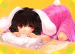  animal_ears bad_id bad_pixiv_id biting black_hair bunny_ears bunny_tail heart inaba_tewi maccha_cocoa_(mococo) pillow red_eyes solo tail top-down_bottom-up touhou 