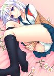  absurdres black_legwear blue_eyes breasts cleavage feet flower giuniu hairband hands_clasped highres hoshikawa_yuma_(peach-tea) interlocked_fingers lying on_side original own_hands_together panties school_uniform serafuku small_breasts smile socks solo underwear white_hair white_panties 