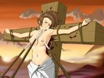  armpits bdsm blood blush bondage bound breast_poke breasts brown_hair clenched_hand closed_eyes cross crucifixion frown fuu horizon nipples nude poking polearm pubic_hair samurai_champloo short_hair small_breasts spear taono_kinoko weapon 