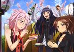  absurdres blush brown_hair cherry_blossoms chopsticks cloud day drink food guilty_crown highres long_hair multiple_girls non-web_source open_mouth pink_hair ponytail purple_eyes purple_hair red_eyes shinkawa_ryuu shinomiya_ayase short_hair sky smile tsugumi_(guilty_crown) twintails very_long_hair yuzuriha_inori 