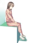  brown_eyes brown_hair eichisu full_body highres kyouno_madoka looking_at_viewer rinne_no_lagrange shoes short_hair simple_background sitting sleeves_pushed_up smile sneakers solo track_suit 