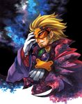  1boy arc_system_works blazblue blonde_hair cape gloves male male_focus mask relius_clover smile solo 