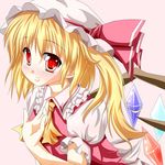  ascot bad_id bad_pixiv_id blonde_hair bow flandre_scarlet hat hat_bow highres kmkm9696 red_eyes short_hair side_ponytail solo touhou upper_body wings 