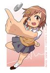  bob_cut brown_eyes brown_hair coin coin_flip foreshortening from_above hair_ornament hairclip highres loose_socks misaka_mikoto nori_(noritsugu) school_uniform short_hair skirt smile socks solo sweater_vest to_aru_kagaku_no_railgun to_aru_majutsu_no_index 