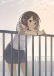  ataru_(ataru_squall) bird blush bracelet brown_eyes brown_hair cloud hair_ornament hairclip jewelry ladder leaning_forward original paper pleated_skirt railing school_uniform short_hair skirt sky solo sunset tears 