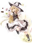  blonde_hair braid candle chocolate colored_eyelashes efe hat heart kirisame_marisa long_hair md5_mismatch mouth_hold running sack shading_eyes simple_background single_braid solo standing standing_on_one_leg star touhou valentine witch_hat 
