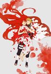  1girl blonde_hair blood closed_eyes couple hetero holding_hands hug hug_from_behind husband_and_wife i_(kaiyou) long_hair lying namikaze_minato naruto naruto_(series) petals red_hair short_hair smile tears uzumaki_kushina very_long_hair 