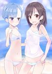  :d asymmetrical_bangs bad_id bad_pixiv_id bangs bare_shoulders beach bikini blue_hair bow bow_panties bra brown_eyes brown_hair fin_e_ld_si_laffinty flat_chest kyouno_madoka kyuri lingerie long_hair looking_at_viewer lowleg lowleg_bikini multiple_girls navel ocean off_shoulder open_mouth panties panty_pull purple_eyes rinne_no_lagrange see-through short_hair smile swimsuit tank_top underwear underwear_only 