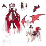  bare_shoulders bat_wings black_legwear boots bridal_gauntlets character_sheet colored_eyelashes detached_sleeves dress flower hair_flower hair_ornament hair_ribbon horns large_wings long_hair pixiv_fantasia pixiv_fantasia_5 red_eyes red_flower red_rose rella ribbon rose sidelocks strapless strapless_dress thighhighs tiara twintails vampire very_long_hair white_hair wings zettai_ryouiki 