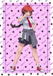  ahoge bad_id bad_pixiv_id braid clothes_around_waist hand_on_hip highres jacket_around_waist kill_me_baby manabu_adachi necktie red_hair red_neckwear school_uniform shoes skirt sneakers solo tongue unused_character 