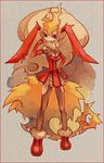  animal_ears breasts bunny_ears cleavage cleavage_cutout dress elbow_gloves flareon full_body gloves personification pinstripe_legwear pinstripe_pattern pokemon red_dress red_gloves red_shoes shoes standing tail thighhighs 