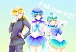  2girls amazons_quartet androgynous aqua_background back_bow bishoujo_senshi_sailor_moon blonde_hair blue_choker blue_eyes blue_hair blue_sailor_collar blue_skirt bow choker elbow_gloves gloves hair_bun heart long_hair magical_girl mizuno_ami multiple_girls one_eye_closed pallapalla_(sailor_moon) ponytail ribbon sailor_collar sailor_mercury sailor_pallas sailor_senshi sailor_senshi_uniform short_hair skirt star star_choker super_sailor_mercury tiara torao_(torakmn) v white_gloves zoisite_(sailor_moon) 