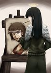  7zu7 angel_wings black_eyes black_hair brown_eyes brown_hair easel from_behind haibane_renmei halo jacket long_hair looking_back messy_hair mouth_hold painting painting_(object) palette rakka reki sailor_collar short_hair skirt solo wings 