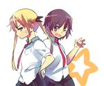  anger_vein back-to-back blonde_hair blue_eyes blush brown_hair frown hair_ribbon kill_me_baby kimino_tomonari long_hair multiple_girls necktie oribe_yasuna red_neckwear ribbon school_uniform short_hair skirt sonya_(kill_me_baby) star twintails 