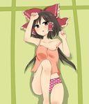  bow brown_eyes brown_hair camisole from_above hair_bow hair_tubes hakurei_reimu highres long_hair looking_at_viewer looking_up lying ochazuke on_back open_mouth panties polka_dot polka_dot_panties solo touhou underwear underwear_only 
