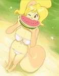  bikini blonde_hair brown_eyes clothed clothing cream_(miu) cute eating female flower fruit hair looking_at_viewer mammal miu nom one_eye_closed outside rodent skimpy squirrel swimsuit watermellon watermelon 