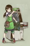  apron arcade_cabinet bag black_eyes black_hair buttons capri_pants circuit_board english gloves long_hair mechanic original pants pigeon-toed ponytail satomura_kyou school_uniform sega_astro_city shoes single_glove smile sneakers solo 