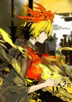  black_hair blonde_hair bow hair_ornament highres lowlight_kirilenko multicolored_hair short_hair solo toramaru_shou touhou two-tone_hair yellow_eyes 