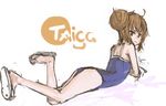  aisaka_taiga big_hair brown_eyes brown_hair character_name competition_school_swimsuit double_bun flip-flops frown lying on_stomach one-piece_swimsuit panties_(pantsu-pirate) sandals solo swimsuit toradora! 