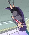  :d blazer ceiling classroom goshiki_agiri highres jacket kill_me_baby long_hair necktie open_mouth purple_eyes purple_hair school_uniform skirt smile socks solo tataizou upside-down 