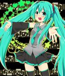  aqua_eyes aqua_hair detached_sleeves hatsune_miku headphones highres long_hair looking_at_viewer music musical_note ochazuke open_mouth outstretched_arms singing skirt smile solo spread_arms thighhighs twintails very_long_hair vocaloid zettai_ryouiki 