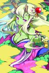  breasts cleavage dragon dragon_girl dragon_horns dragon_tail earrings green_hair green_skin hair_ornament highres horns japanese_clothes jewelry kimono kiseru large_breasts long_hair monster_girl nonco original pipe pointy_ears purple_eyes red_eyes smile smoke solo tail yuujo 