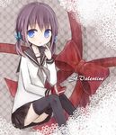  amakaze_sora bow box hair_bow heart-shaped_box original school_uniform sitting solo thighhighs valentine zettai_ryouiki 