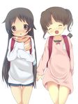  :d anyannko backpack bag black_hair blush brown_eyes brown_hair child closed_eyes dress fang head_tilt highres long_hair misaka_hibari_(anyannko) multiple_girls nose_blush open_mouth orange_scarf original parted_lips randoseru scarf short_hair short_twintails shorts sleeves_past_wrists smile sweater twintails very_long_hair 