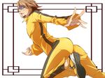  ass bodysuit brown_eyes brown_hair bruce_lee's_jumpsuit cosplay facial_hair huang_baoling huang_baoling_(cosplay) kaburagi_t_kotetsu kou_saku_sena male_focus mask one_eye_closed orange_bodysuit shoes sneakers solo stubble tiger_&amp;_bunny 