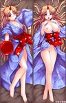  alcohol barefoot blonde_hair blush breasts breasts_outside brown_eyes cleavage cup dakemakura-koubou dakimakura horn hoshiguma_yuugi japanese_clothes kimono large_breasts long_hair lying minami_(dakemakura) multiple_views nipples no_panties open_mouth panties pussy sakazuki sake touhou underwear 