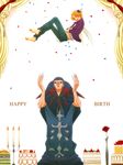  barefoot birthday black_eyes black_hair cake cape caster_(fate/zero) eyes_closed fate/stay_night fate/zero fate_(series) flower food happy highres jacket male male_focus open_mouth orange_hair pants rose serious short_hair sweets uryuu_ryuunosuke 